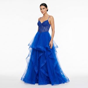 Vestido Azul Royal Com Corselet Bordado e Saia em Camadas de Tule