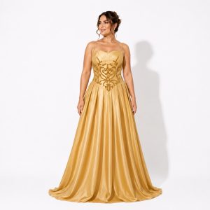 Vestido Amarelo com Corpete Bordado, Alças Finas e Saia Ampla