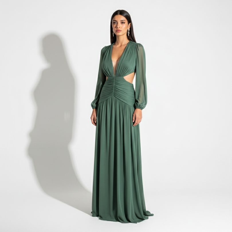 Alma Tubo Escote En V Lentejuelas Largo Vestido Verde Oliva