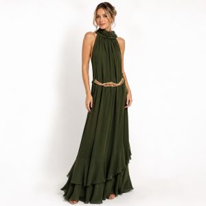 Vestido Oliva com Gola Alta Drapeada, Saia em Camadas e Cinto de Cordão Dourado