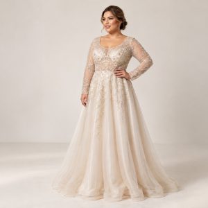 Vestido de Noiva em Tule com Bordados, Decote, Mangas Transparentes e Saia Fluida