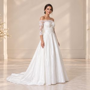 Vestido de Noiva com Corpete em Renda, Mangas e Cauda