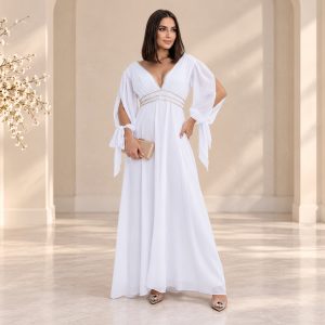 Vestido de Noiva Toque de Seda com Manga Bordado em Vidrilho de Cristal Dourado
