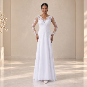 Vestido de Noiva em Crepe com Aplicação de Renda