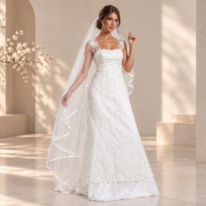 Vestido De Noiva Bordado Com Alças Largas, Decote Quadrado e Véu