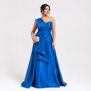 Vestido Azul Royal Ombro Único com Bordado Floral e Saia em Camadas
