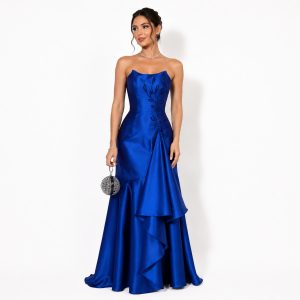 Vestido Azul Royal Com Decote Tomara Que Caia Estruturado e Bordado Floral