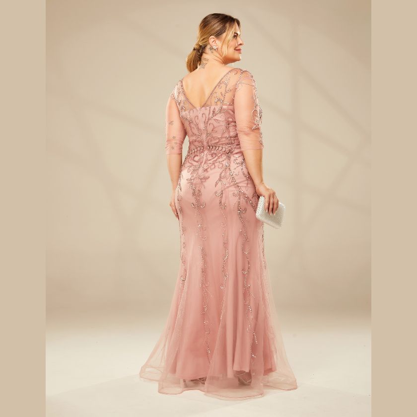 Vestido Justo Rose Todo Bordado com Manga 7/8 - Imagem 2