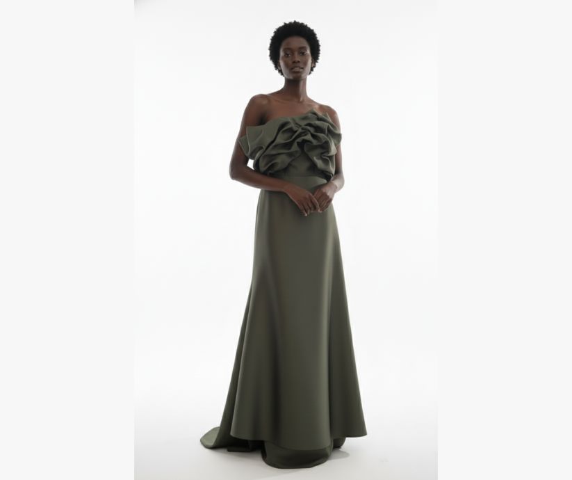 Vestido Verde Oliva Tomara-que-Caia com Corpo Estruturado em Babados