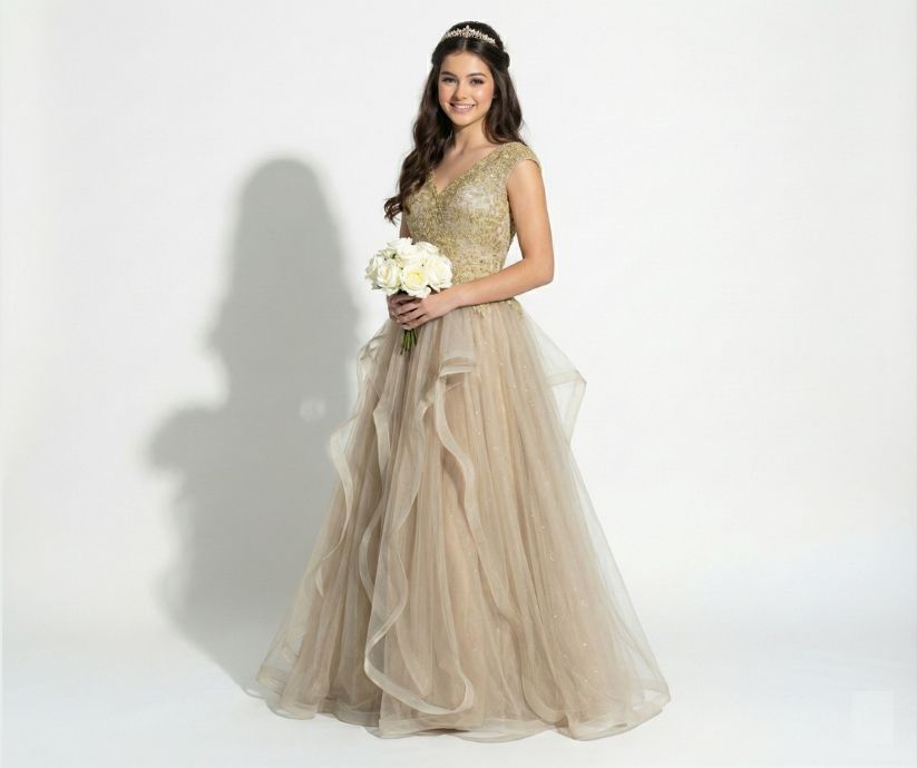 Vestido Dourado 2 em 1 Bordado com Saia em Camadas Fluída