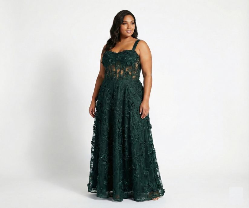 Vestido Verde em Tule Bordado com Aplicação 3D e Busto Estruturado com Transparência.