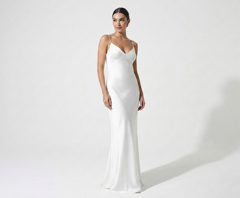 Vestido Branco Minimalista com Alças Finas e Decote V Estruturado