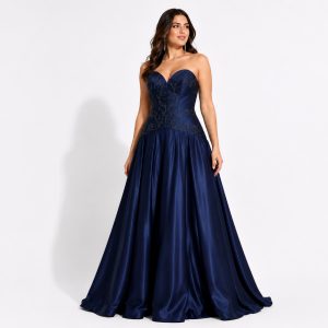 Vestido Azul Marinho Tomara que Caia com Bordado