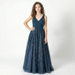 Vestido de Saia em Tule de Cristal e Corpete Todo Bordado em Cristal