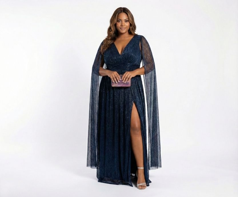 Vestido Marinho com Brilho e Manga Capa