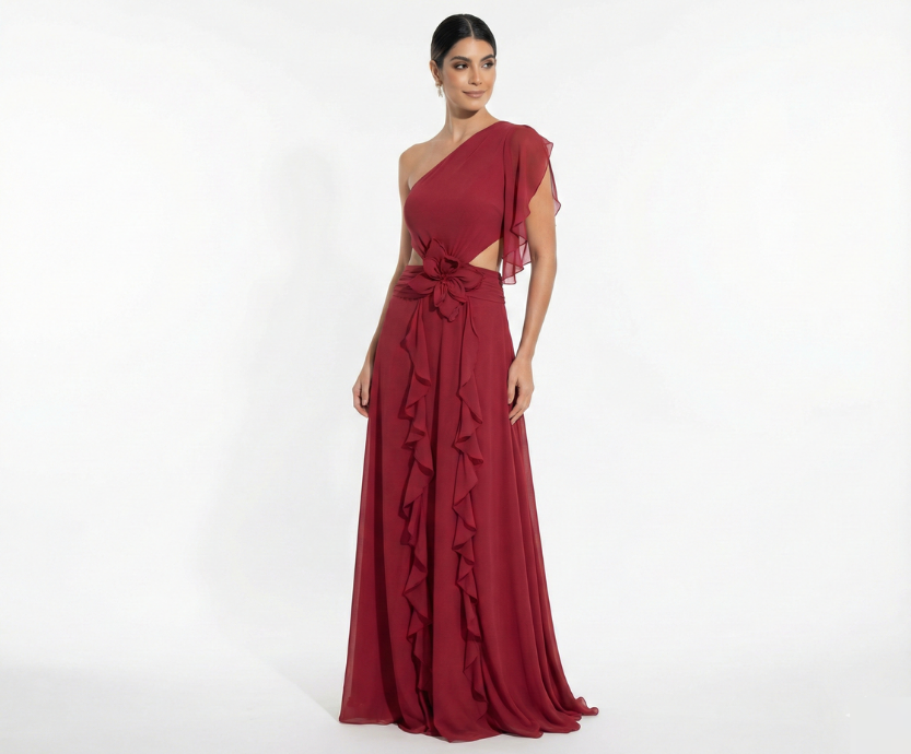 Vestido Marsala com Abertura Lateral em Crepe Paris