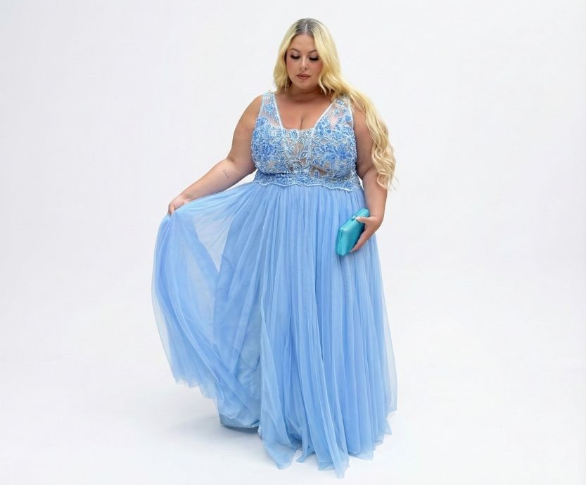 Vestido Longo Azul Serenity Bordado com Saia de Tule