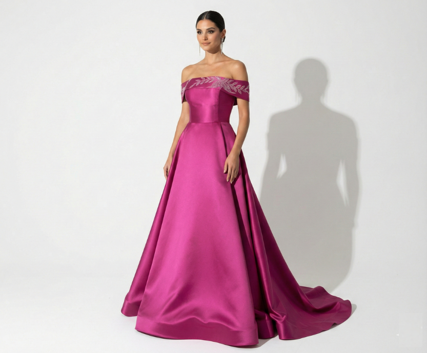 Vestido Pink em Zibeline Ombro a Ombro Bordado com Bordado