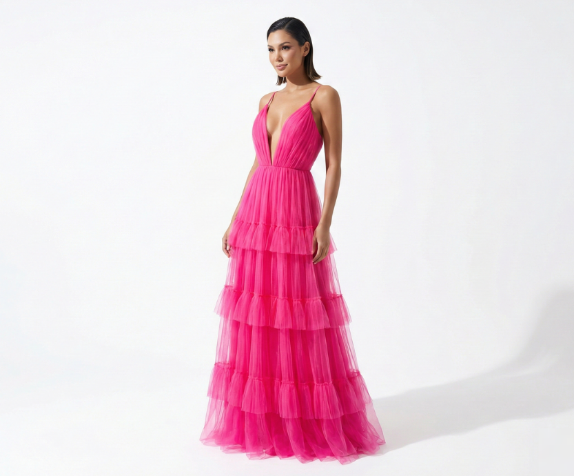 Vestido Pink com Decote Profundo, Camadas de Tule e Alças Finas