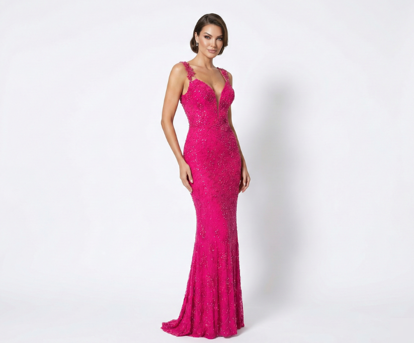 Vestido Pink Sereia Bordado com Decote