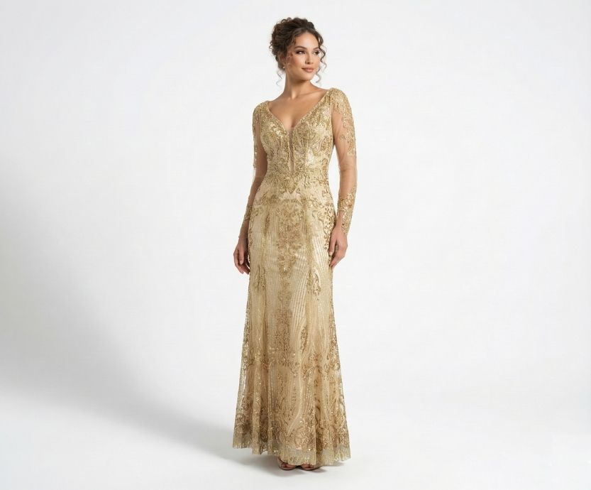 Vestido Dourado com Mangas de Tule Rendadas