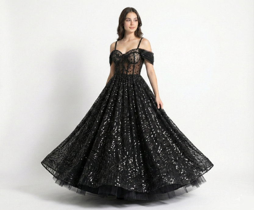 Vestido Preto em Tule de Renda