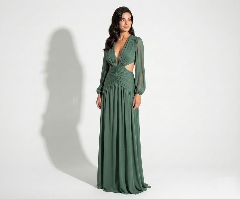 Vestido Verde Oliva, Manga Longa e Abertura Lateral