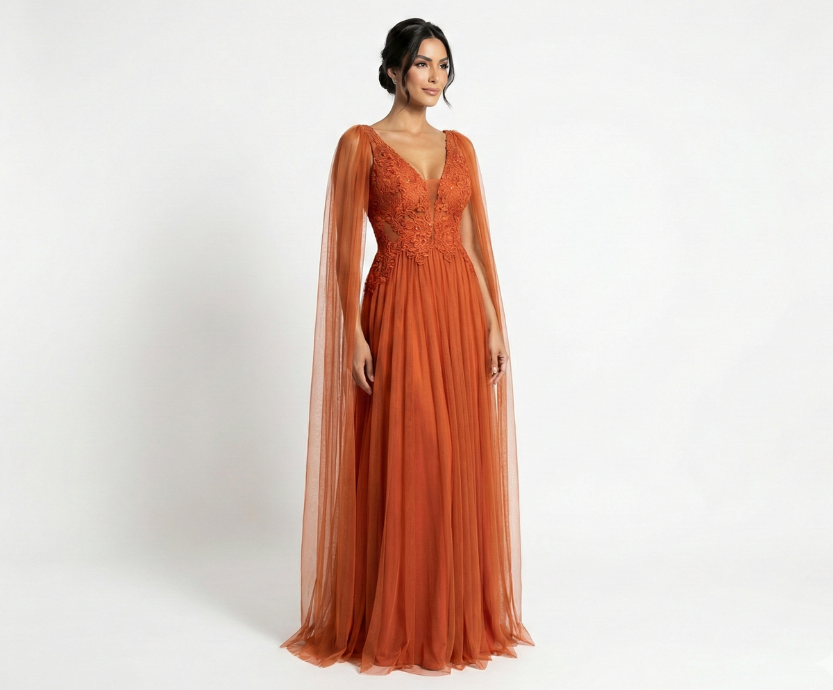 Vestido Terracota com Busto Trabalhado e Manga Capa