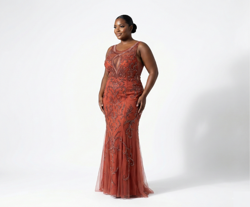 Vestido Terracota com Bordado no Busto e Saia e Tule