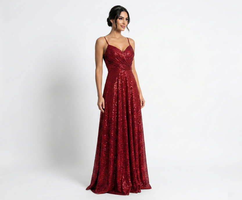 Vestido Marsala com Tecido Gliterizado, Decote Coração e Busto Drapeado com Alças de Strass