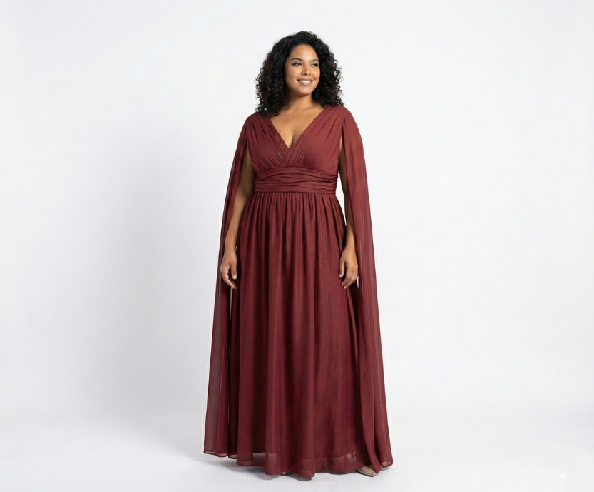 Vestido Marsala Fluido em Palha de Seda com Manga Lenço