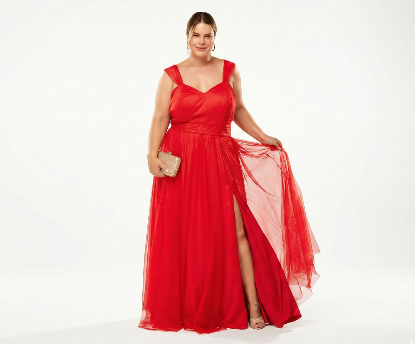 Vestido Vermelho com Tule e Fenda