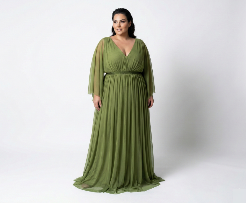 Vestido Verde Oliva em Tule Santa Constância com Manga Fluida