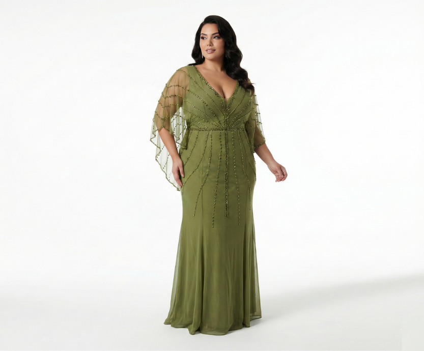 Vestido Verde Oliva com Manga Bordada e Bordado Frontal