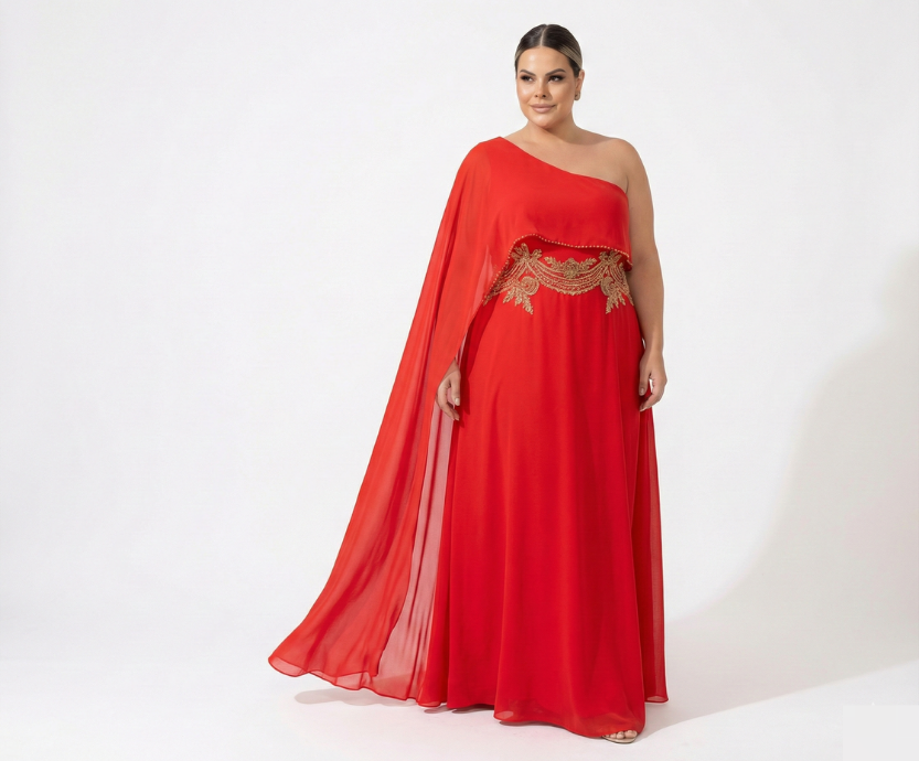 Vestido Coral , Bordado na Cintura em Vidrilho com Manga de Lenço