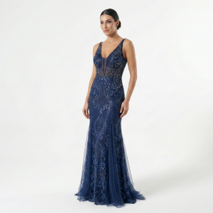 Vestido Sereia Todo Bordado com Pérolas e Vidrilhos