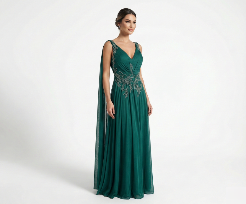 Vestido Verde Esmeralda com Bordado em Arabesco e Capa Lenço