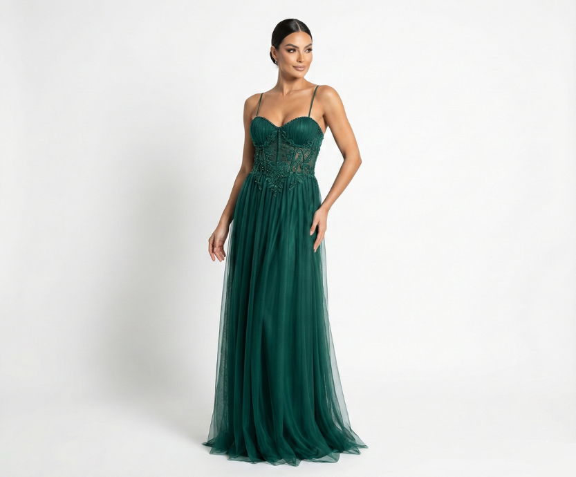 Vestido Verde Esmeralda com Corselet Bordado em Arabesco