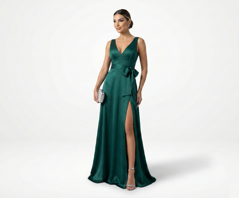 Vestido Verde Esmeralda com Fenda e Laço
