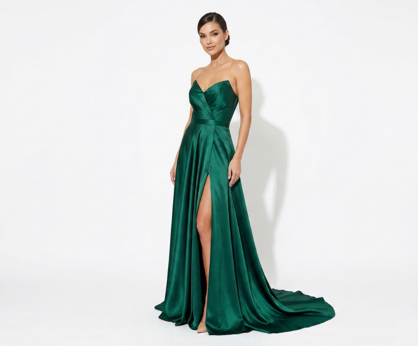 Vestido Verde Esmeralda com Alça, Decote e Fenda