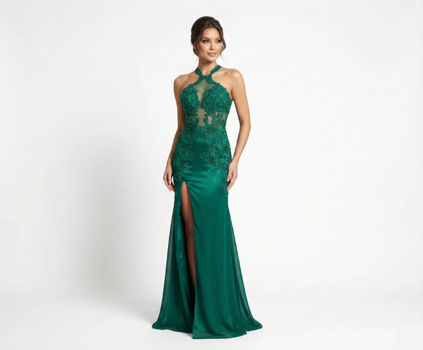 Vestido Verde Esmeralda com Tule Rendado