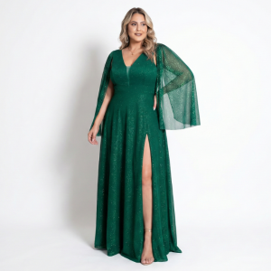 Vestido Longo Verde Gliterizado com Manga de Lenço