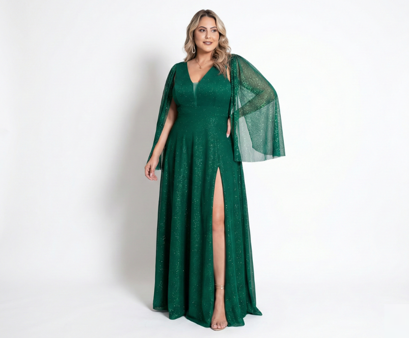 Vestido Longo Verde Gliterizado com Manga de Lenço