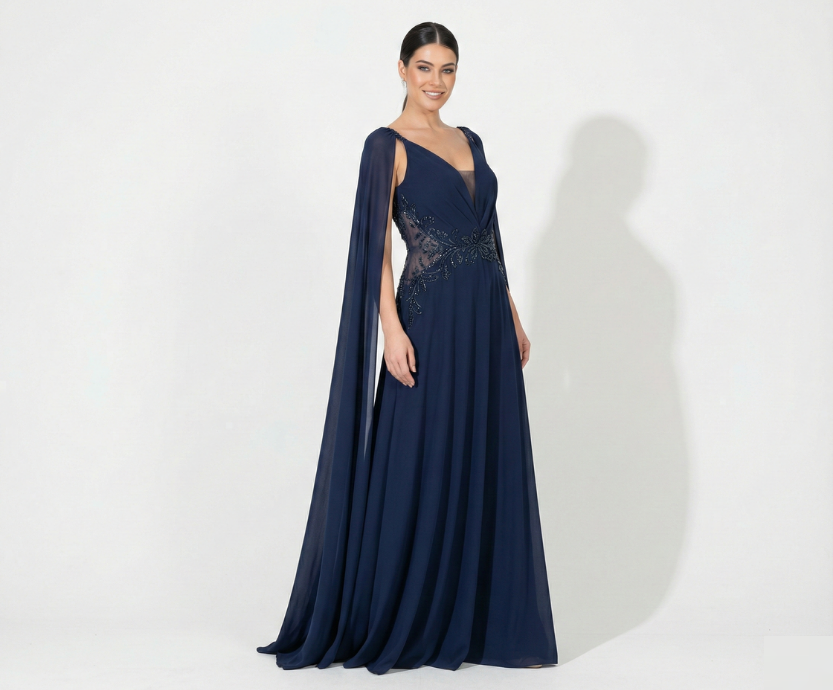 Vestido Azul Marinho em Crepe com Bordado na Cintura