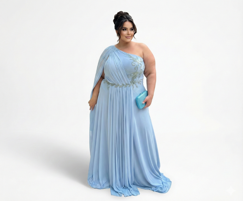 Vestido Azul Serenity, Um Ombro Só com Bordado Lateral e Tule Santa Constância