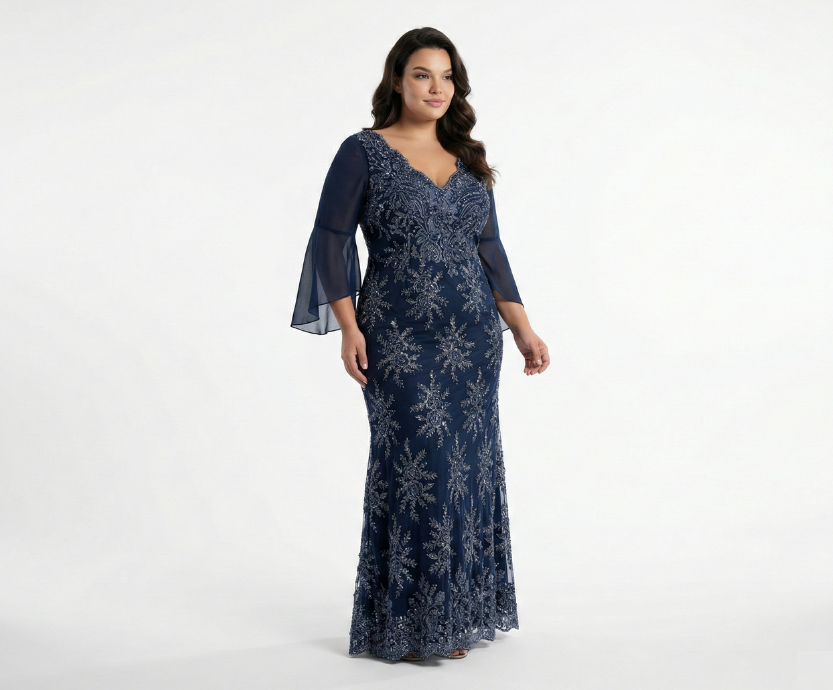 Vestido Azul Marinho Com Mangas Todo Bordado