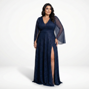 Vestido Azul Marinho Com Fenda e Manga Lenço