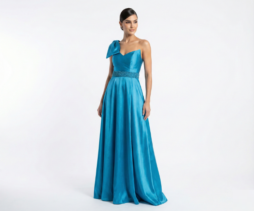 Vestido Azul Turquesa um Ombro só com Cinto Bordado e Laço