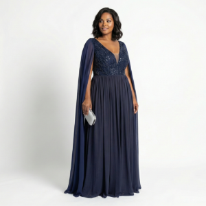Vestido Marinho com Corpete com Renda Floral Bordada e Manga Lenço
