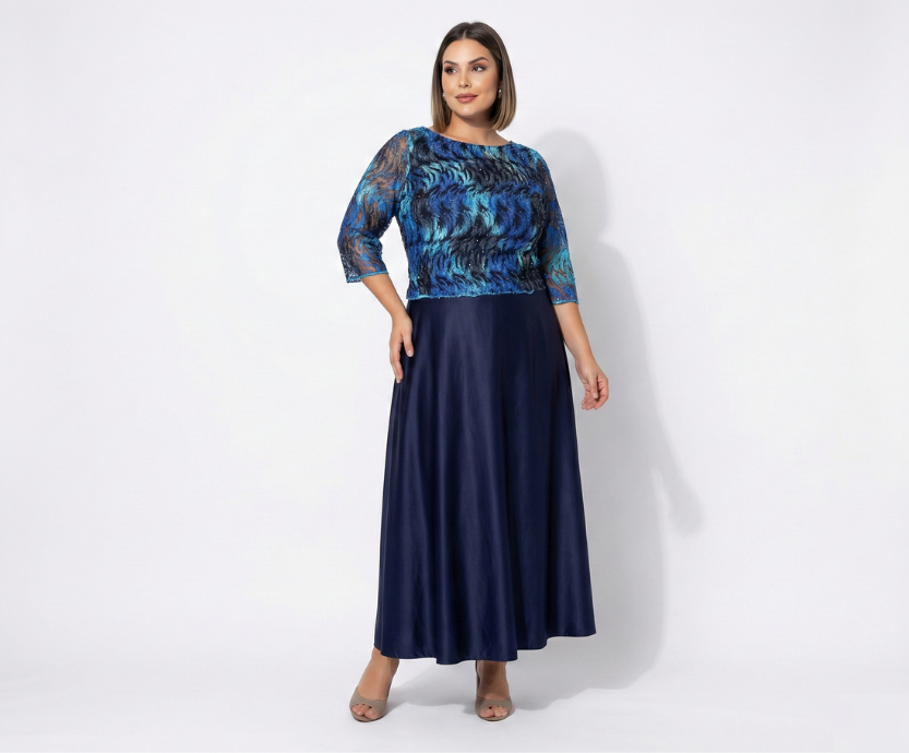 Vestido Azul Marinho Com Corpete em Renda Degradê